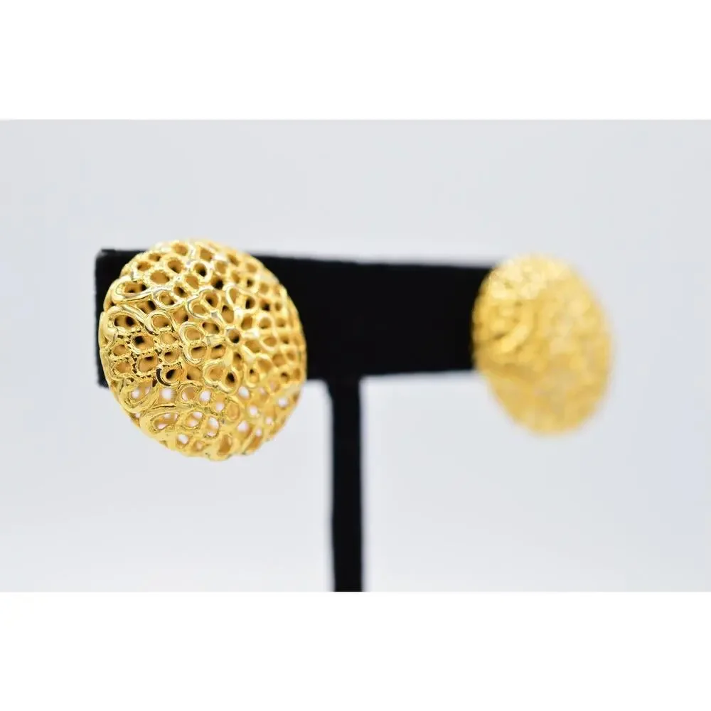 Vintage Stud Earrings Metallic Gold Round Puffy Filigree Chunky NOS 1980s 9L